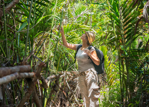 Woman hiking in tropical forest