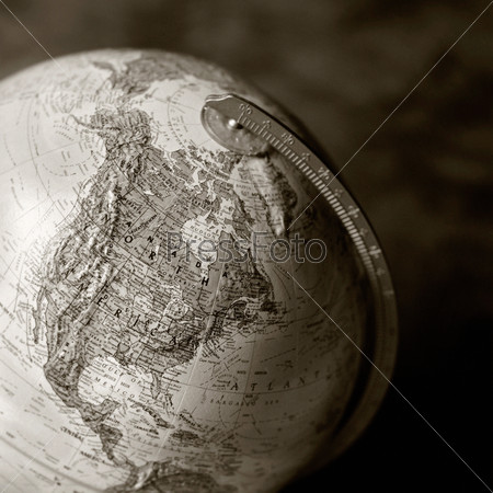 North America on the globe in black and white