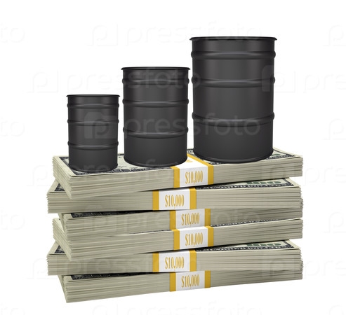 Oil barrels on bundle of money on isolated white background