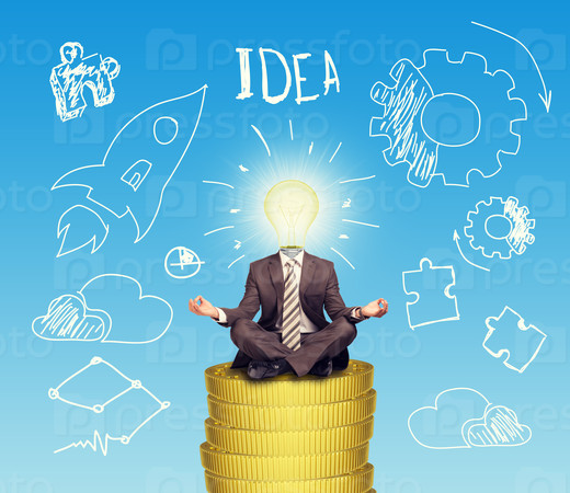 Businessman sitting on coins step in lotus posture with bulb instead head on blue sky background with symbols