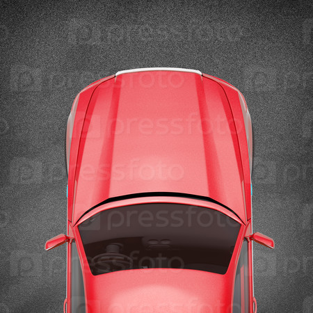 Red car on grey texture background with word success, top view