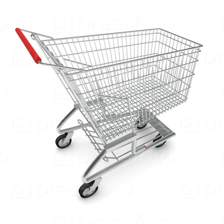 Picture of metal shopping cart for purchase with red handle on isolated white background