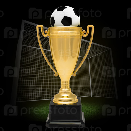 Winner cup with football on football pitch on nature background with soffits