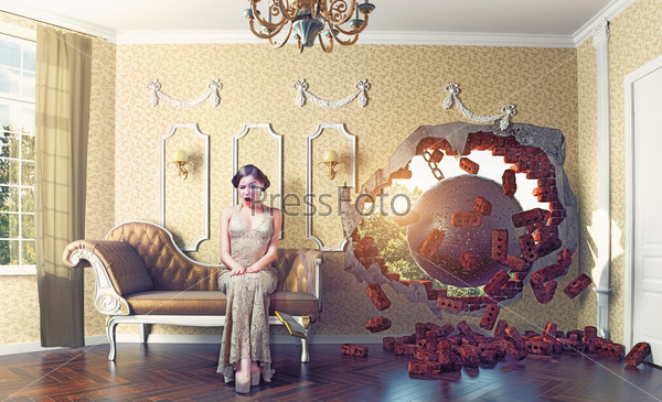 wrecking ball enters the room, scaring the woman on the sofa. Photo combination creative concept
