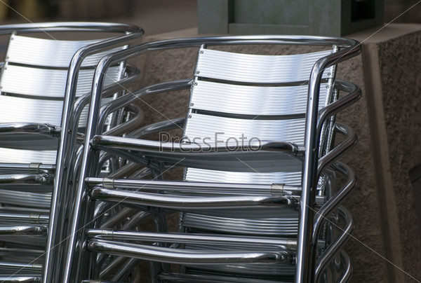Stack of metal chairs in Rochester, Minnesota, USA