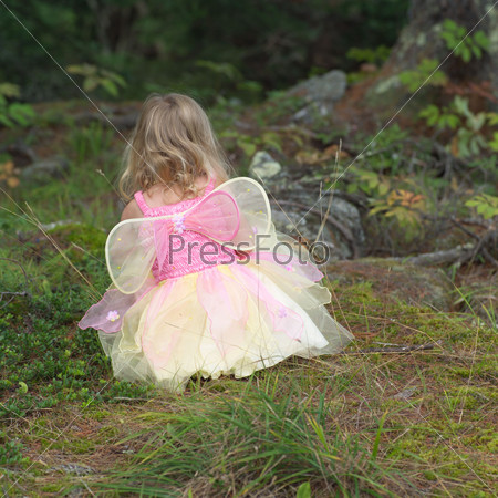 Rear view of a young girl in a fairy costume squatting in the grass
