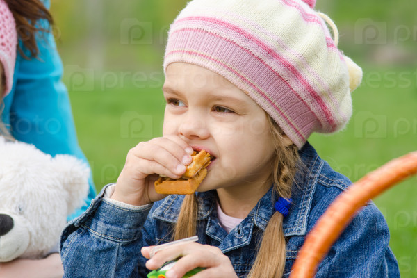 The five-year child eating cake on a picnic on the green lawn, stock photo