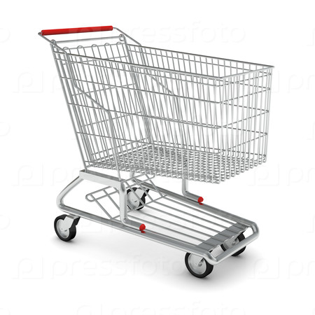 Metal shopping cart for purchase with red handle on isolated white background