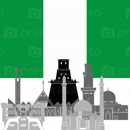 The national flag of the country and the contour image of architectural attractions of this country. Illustration on white background.