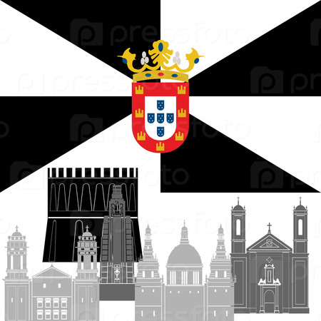 The flag State and the contour image of architectural attractions of this country. Illustration on white background.