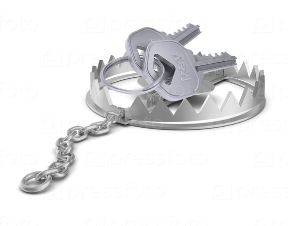 Keys in bear trap on isolated white background, close-up view
