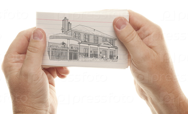 Male Hand Holding Stack of Flash Cards with House Drawing Isolated on a White Background.