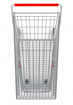 Shopping cart for purchase with red handle on isolated white background, top view