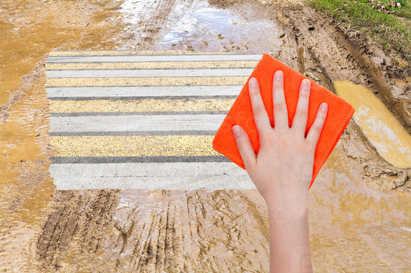 weather concept - hand deletes mug on country road by orange cloth from image and urban road is appearing