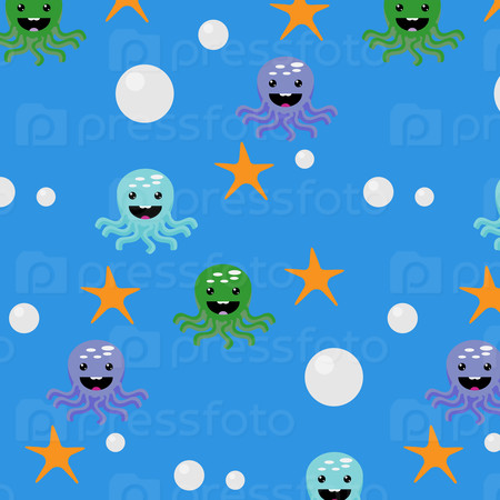 Underwater seamless pattern. Sea animal, nature ocean, marine water, octopus and starfish. Vector graphic illustration