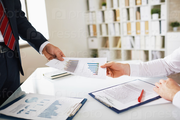 Male employee giving financial report to his boss