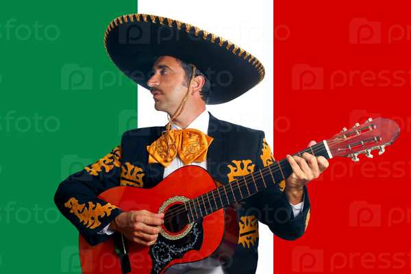 Charro Mariachi playing guitar in Mexico flag background