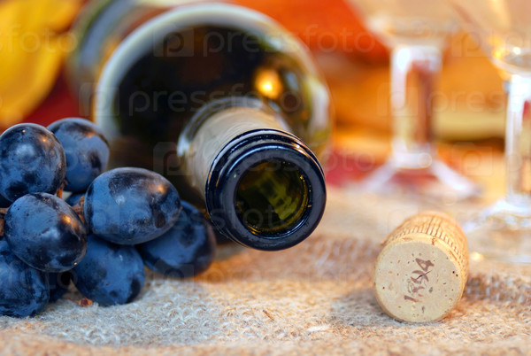 Wine bottle, cork, blue grapes and pair of wineglasses. Shallow DOF. Focus on bottleneck.