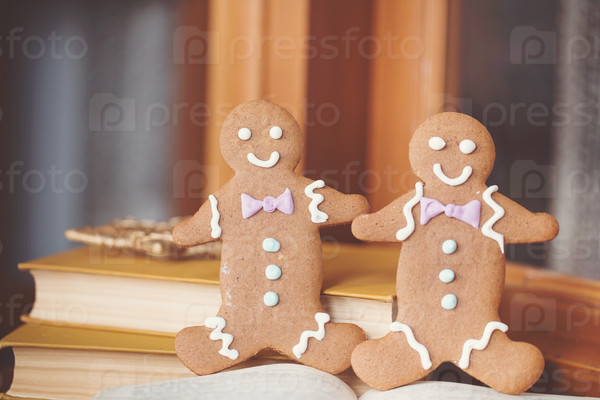 Smiling gingerbread man standing next to open book. Closeup with shallow dof. Copy space included for text.