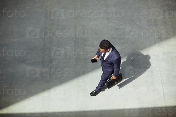 Elegant businessman with briefcase using cellphone on the move