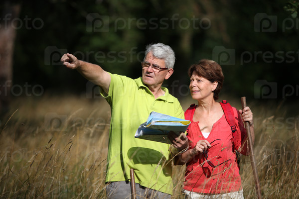 Senior couple rambling in countryside with map