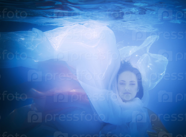 Underwater close up portrait of a woman in swimming pool