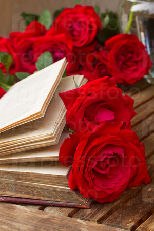 vintage old book  on table with red roses