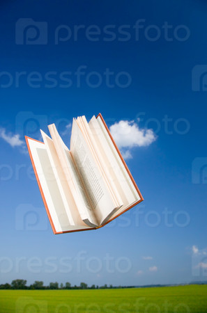 Flying book over a clear blue sky, vertical orientation. The text of the book is been blurred to avoid copyright issues.
