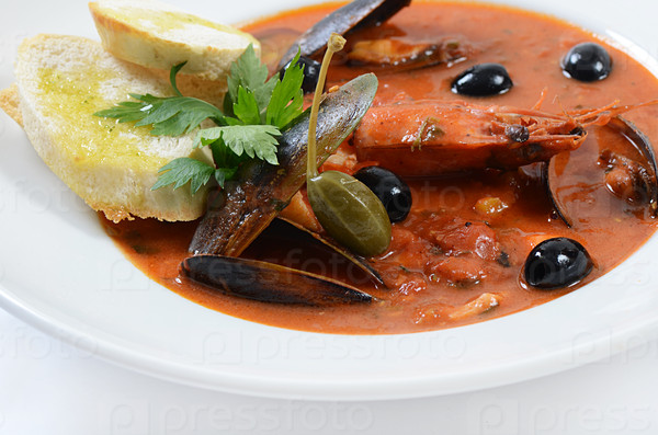 Tomato soup with fish and seafood