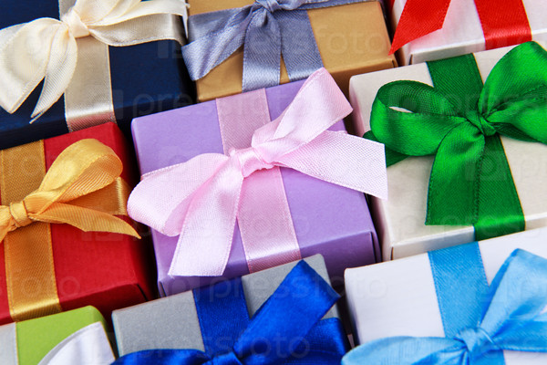 Colorful gift boxes with bows top view, stock photo