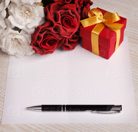 Greeting blank card with flowers and gift