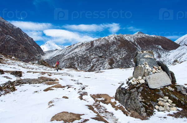 Hiking group on a trail. Sagarmatha National Park, Nepal, Himalayas