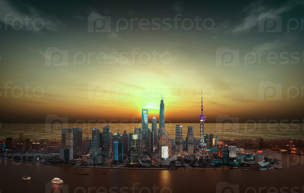 Aerial photography Shanghai skyline at sunset