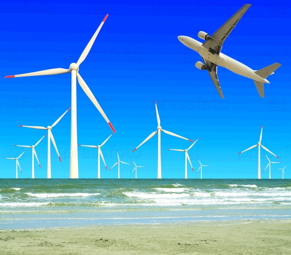 Aircraft is flying in eco power of wind turbines in the sea skyline at concept
