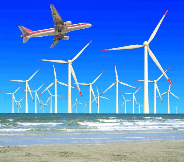 Aircraft is flying in eco power of wind turbines in the sea skyline at concept