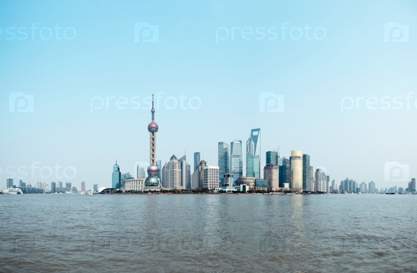 panoramic view of modern shanghai skyline from the bund on huangpu river, China