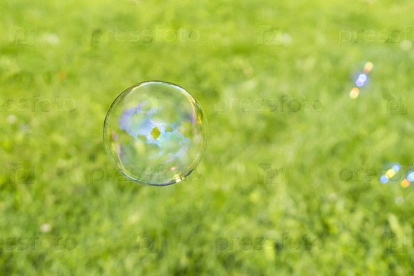 Clear bubbles on grass background
