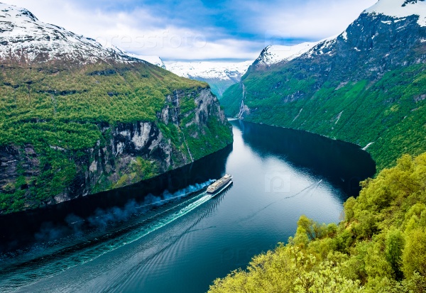 Geiranger fjord, Beautiful Nature Norway. It is a 15-kilometre (9.3 mi) long branch off of the Sunnylvsfjorden, which is a branch off of the Storfjorden (Great Fjord), stock photo