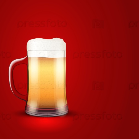 Illustration light beer and mug on red background. For the menu, pubs, bars and restaurants.