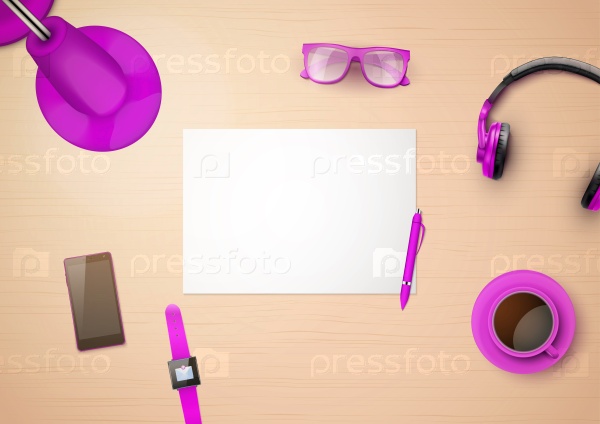 Creative workplace with white paper and stylized household items and gadgets. Top view.