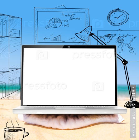 working remotely in virtual office using laptop on beach