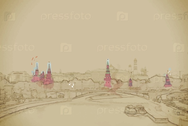 Moscow River and the Kremlin. The Moscow Kremlin is the main attraction of the Russian capital.Travel background illustration. Painting with watercolor and pencil. Brushed artwork. Vector format.