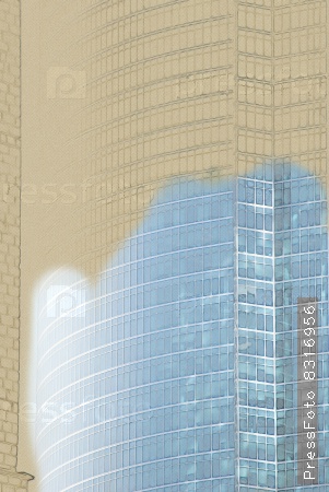digitally transformed photo of modern office building. Business background. Business background illustration. Painting with watercolor and pencil. Brushed artwork.