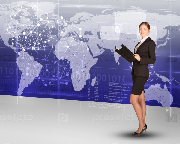 Businesslady with folder looking at camera on abstract background with world map