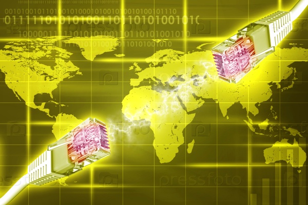 Computer wires on abstract yellow background with world map