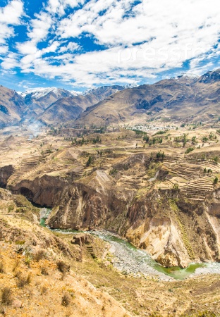 Colca Canyon, Peru, South America. The Incas to build Farming terraces with Pond and Cliff. One of the deepest canyons in the world