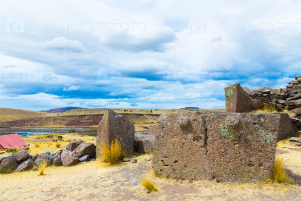 Funerary towers and ruins in Sillustani, Peru, South America- Inca prehistoric ruins near Puno, Titicaca lake area.