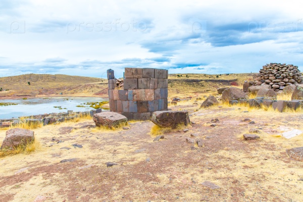 Funerary towers in Sillustani, Peru,South America- Inca prehistoric ruins near Puno,Titicaca lake area.