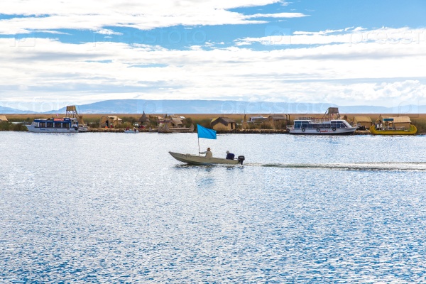 Traditional reed boat lake Titicaca,Peru,Puno,Uros,South America,Floating  Islands,natural layer about one to two meters thick that support islands