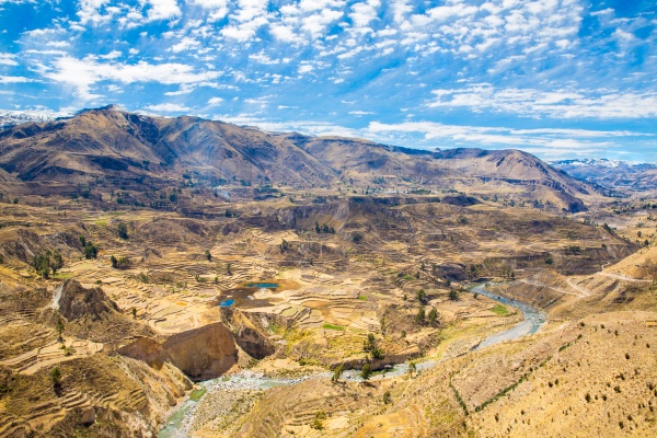 Colca Canyon, Peru,South America.  Incas to build Farming terraces with Pond and Cliff. One of deepest canyons in world